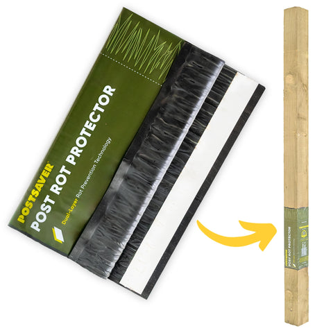 Postsaver Pro-Wrap Large on a square 5x5 post, protecting against rot and moisture.