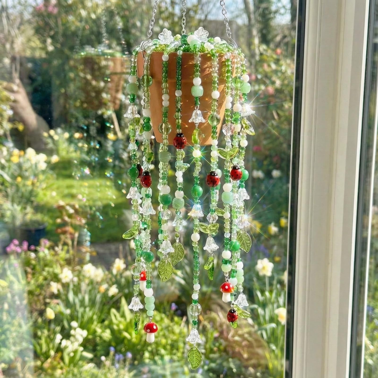 Potchen green glass beads close-up highlighting sparkling details for beaded plant projects.