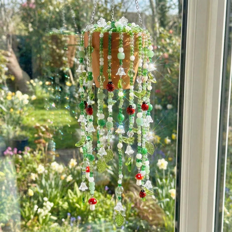 Potchen green glass beads close-up highlighting sparkling details for beaded plant projects.