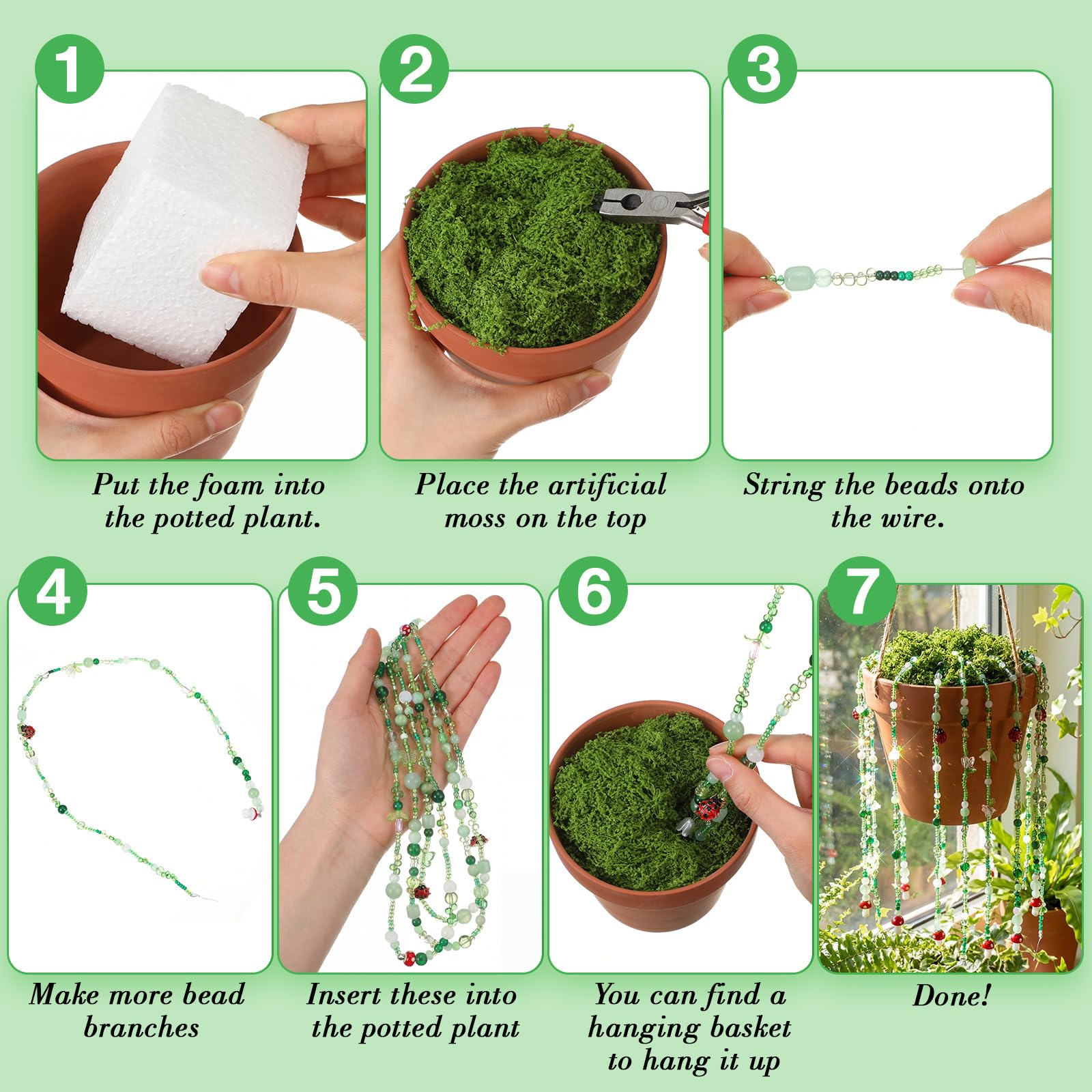Potchen hanging rope and decorative ladybugs enhance beaded plant projects.