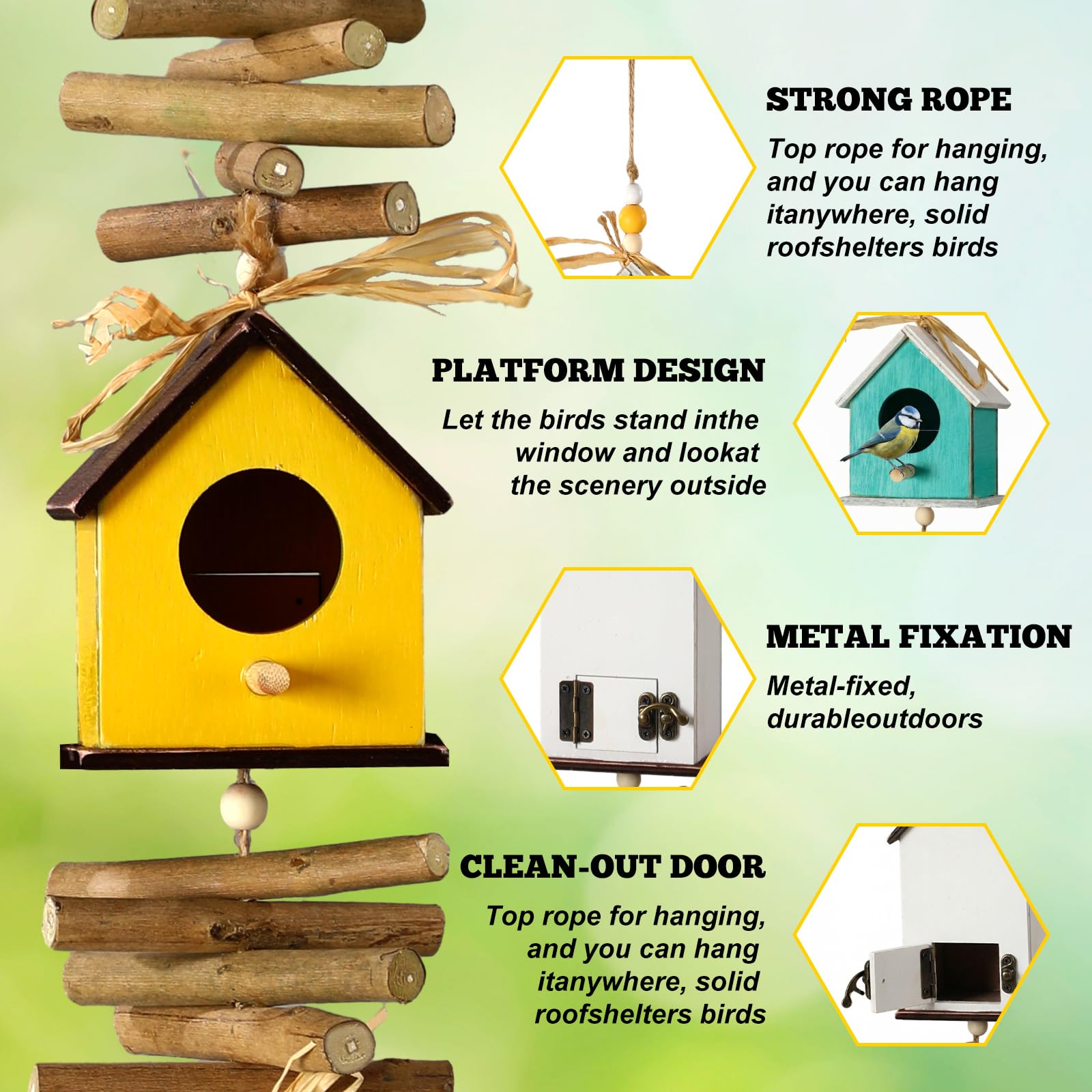 Potchen multi-size birdhouses create a layered garden view and diverse perches