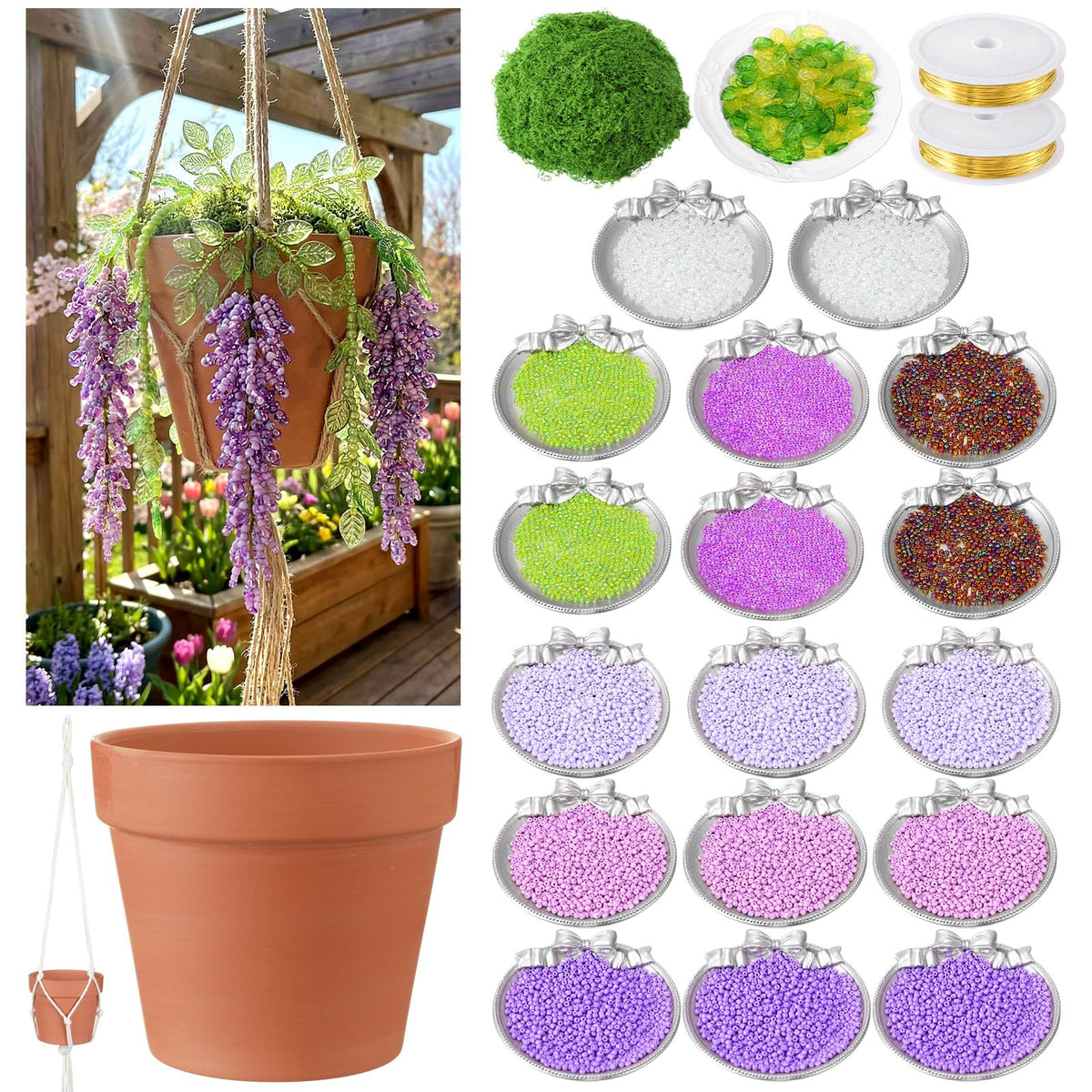 Potchen Wisteria beaded planter assembly for a complete DIY kit