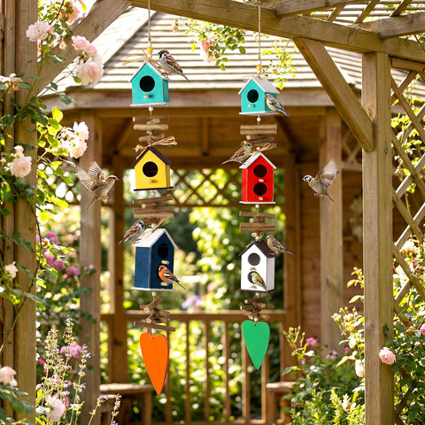 Potchen wooden birdhouse feeder on a branch provides a cozy feeding spot