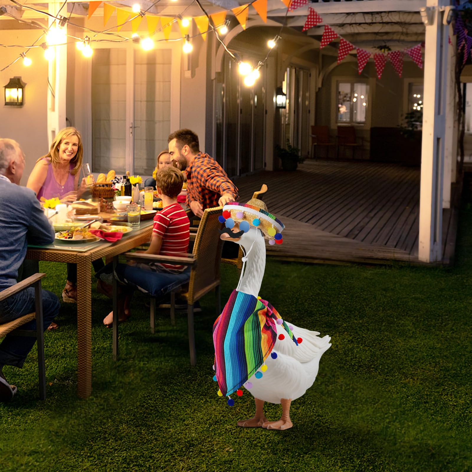 Potidure porch goose costume creates a lively patio focal point.