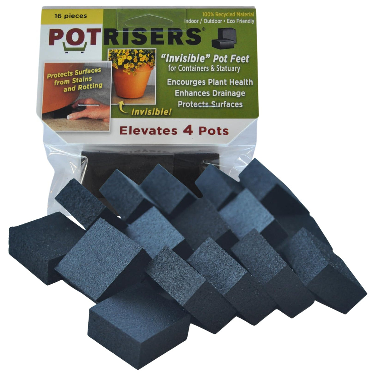 Potrisers invisible pot feet under a pot provide height and surface protection.