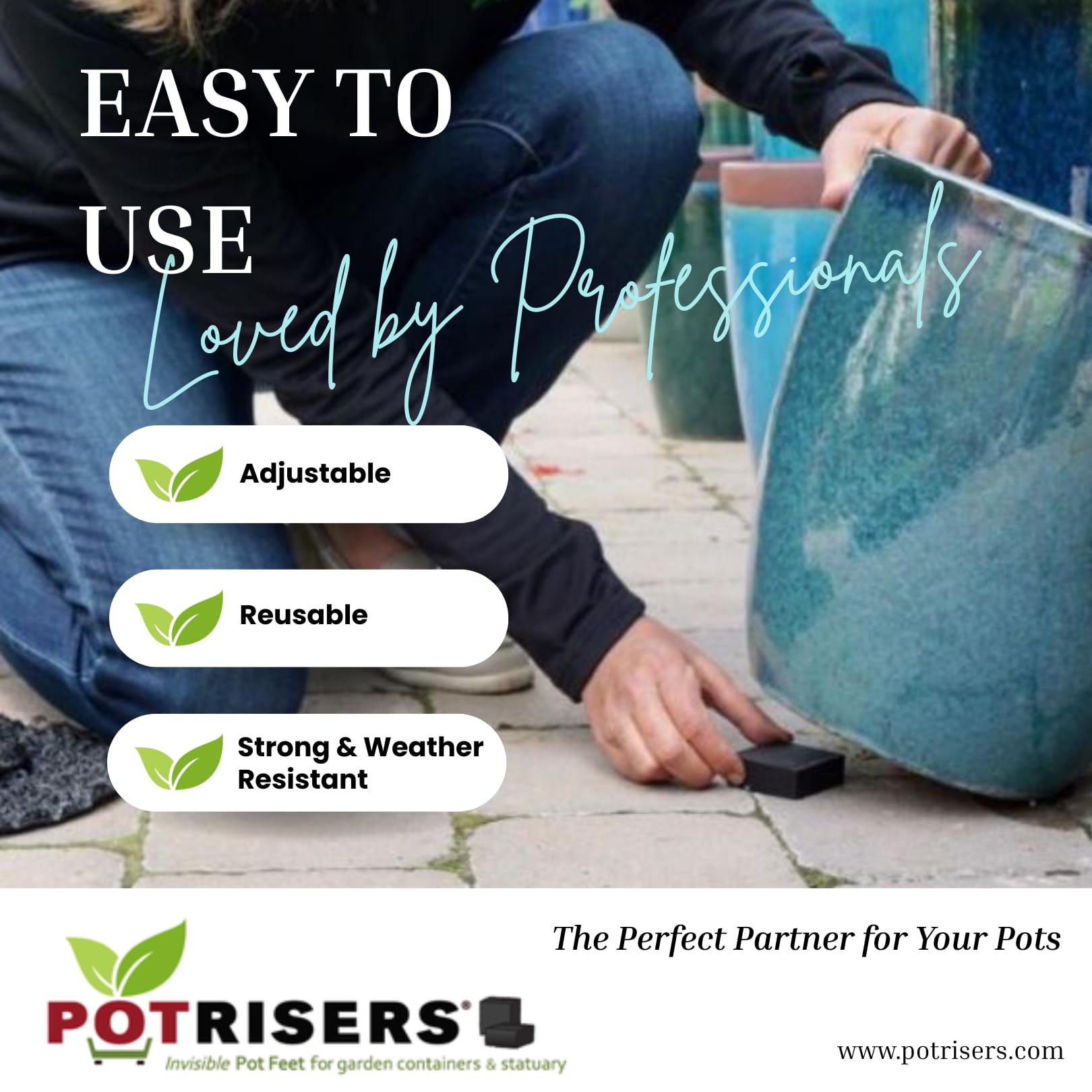 Potrisers stackable design helps level planters on a slope.