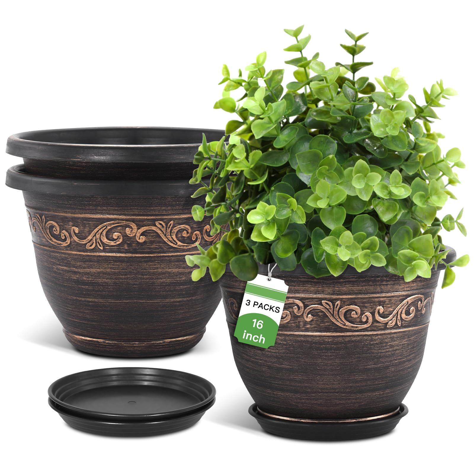 Pottiffe 16-inch plastic planter with drainage saucer for three-pack versatility