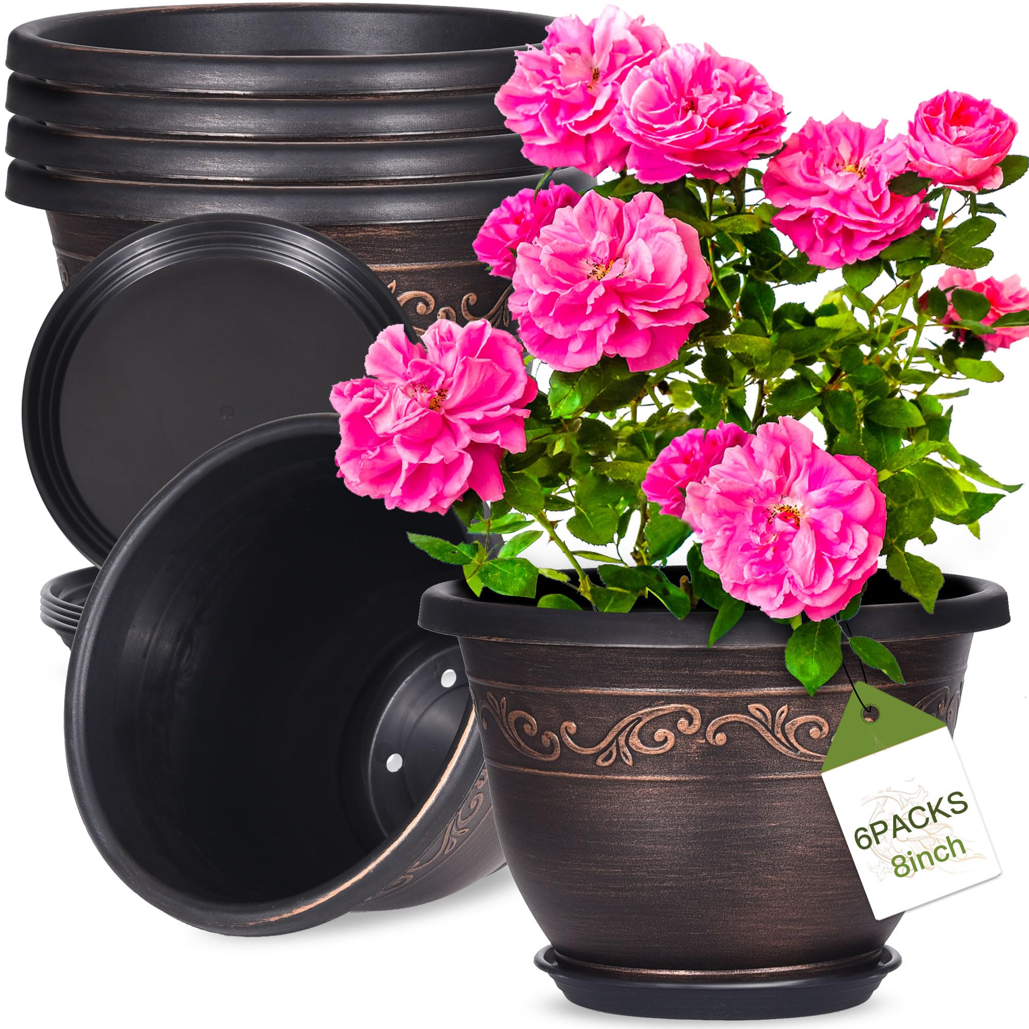 Pottiffe 8-inch plastic planter with drainage hole and saucer for indoor or outdoor use
