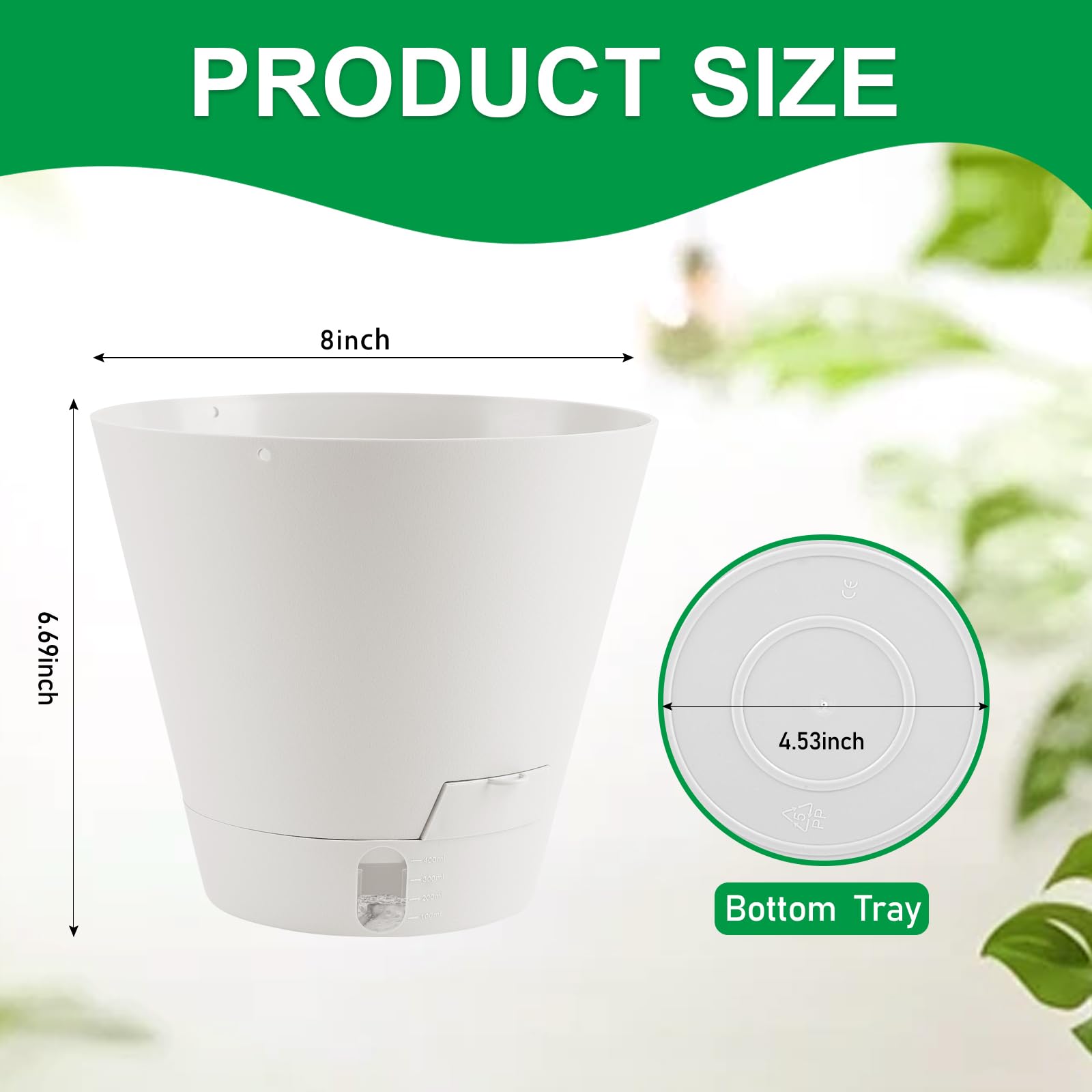 Pottiffe 8-inch pot showing drainage holes and saucer for mess-free drainage