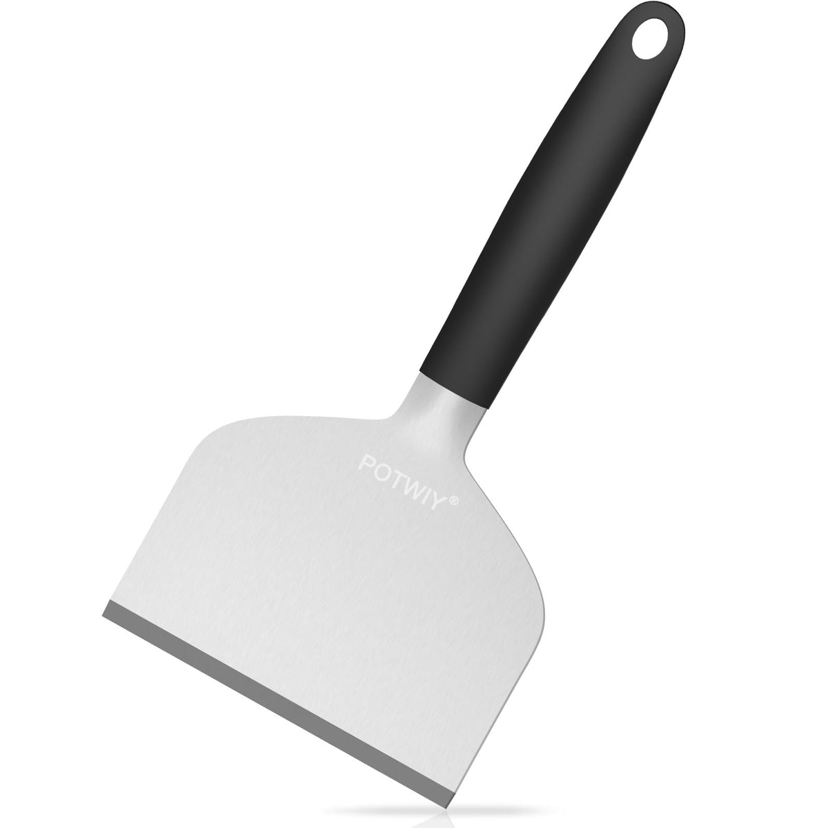POTWIY heavy duty griddle scraper close-up, 5.3-inch wide blade for tough residue removal.