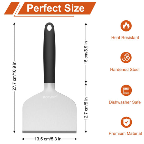 POTWIY stainless steel scraper with beveled edges for thorough grease removal.