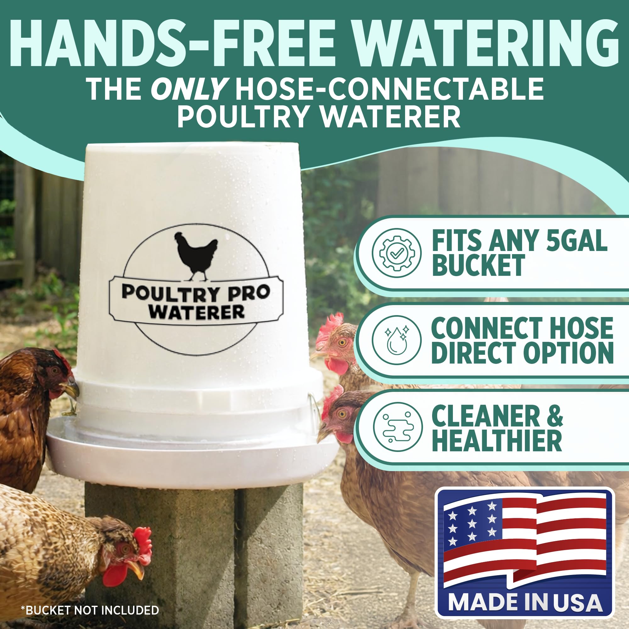 Poultry Pro Feeder waterer shows a secure bucket connection reducing leaks.