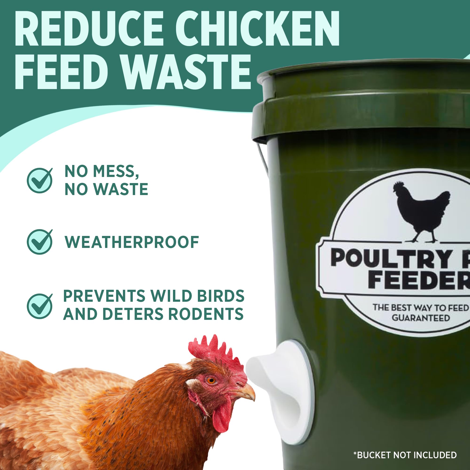 Poultry Pro Feeder installed on a bucket demonstrates versatile container compatibility.