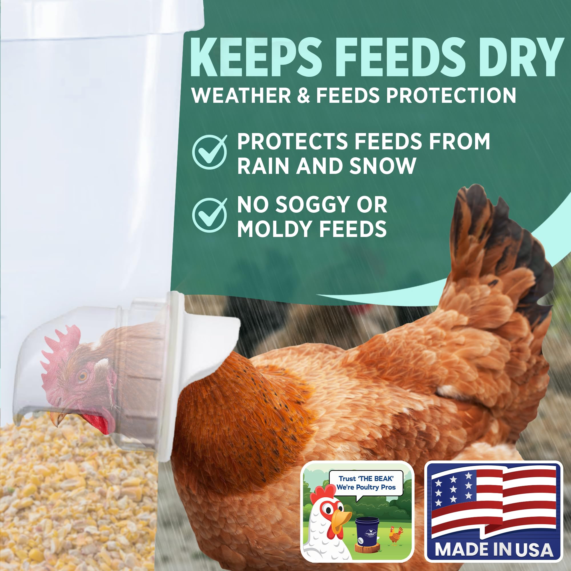 Poultry Pro Feeder with vermin-deterrent feature helps minimize pest access.