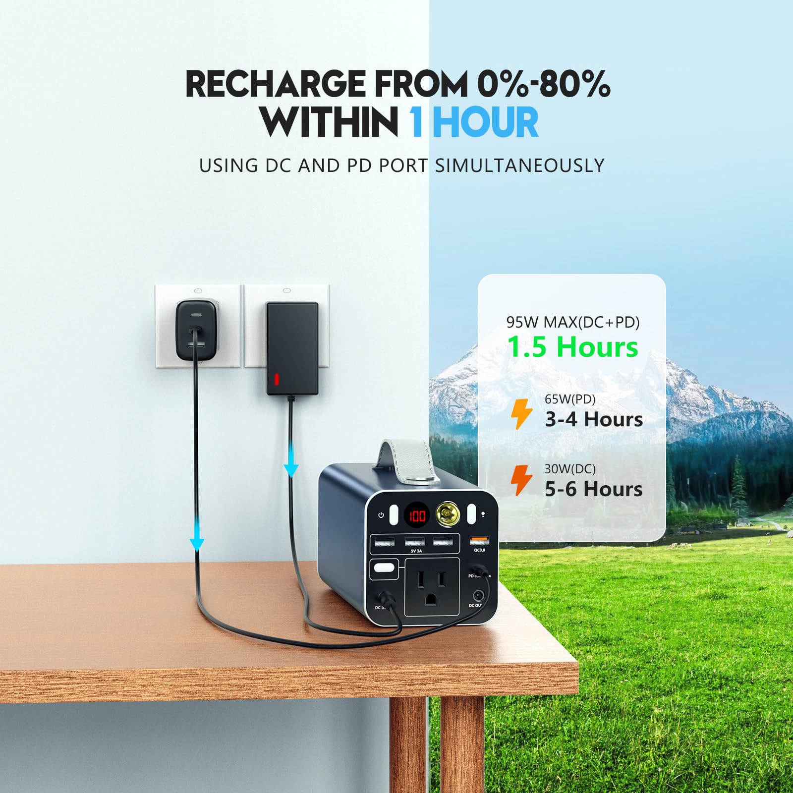 Powdeom 150W power station with AC outlet in use powering a laptop on camping trips