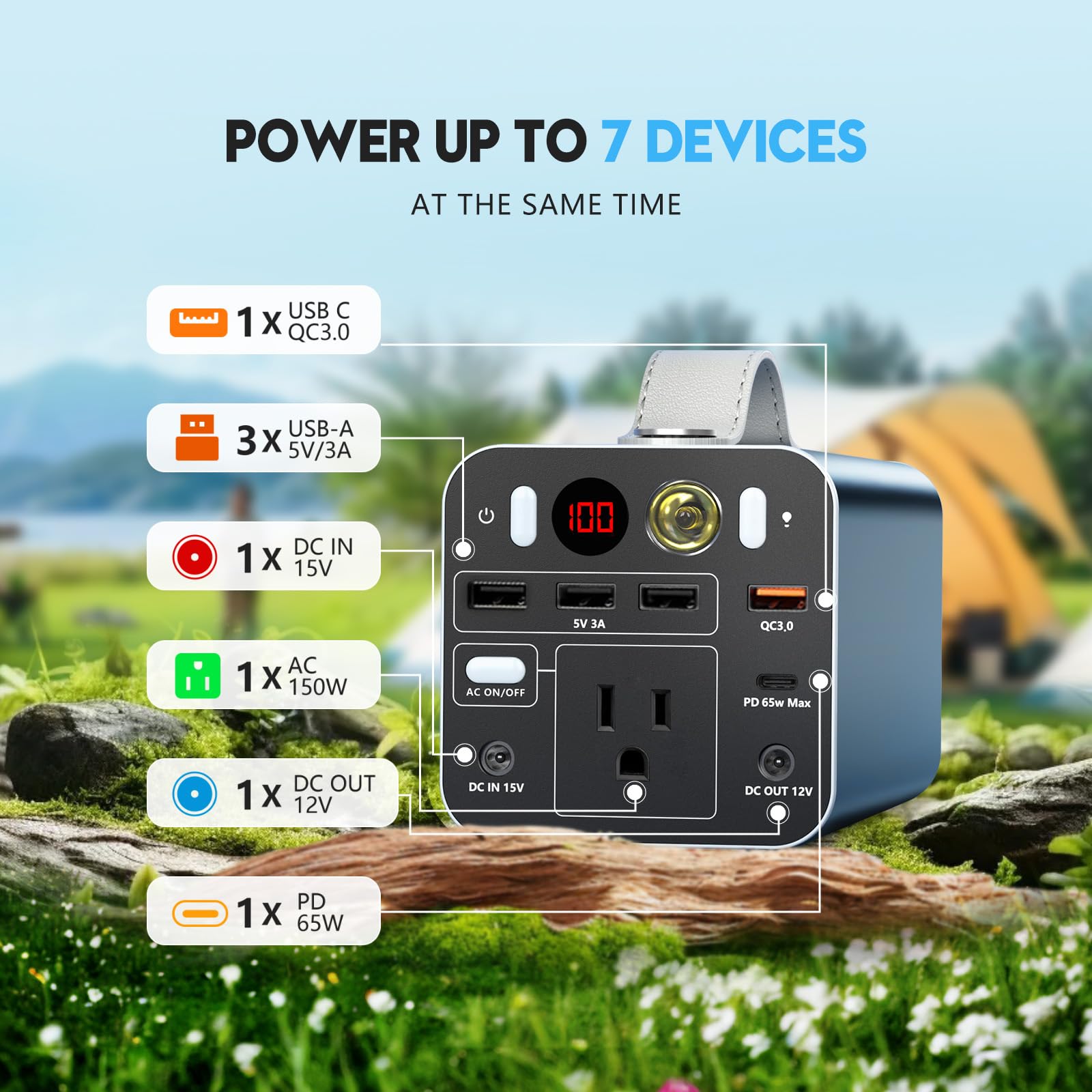 Powdeom 150W power station with LED light modes for night use on outdoor trips