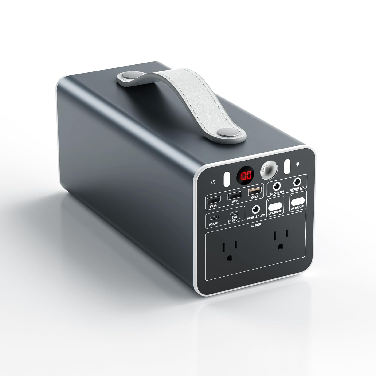 Powdeom 300W portable power station front view powering laptops and devices on the go