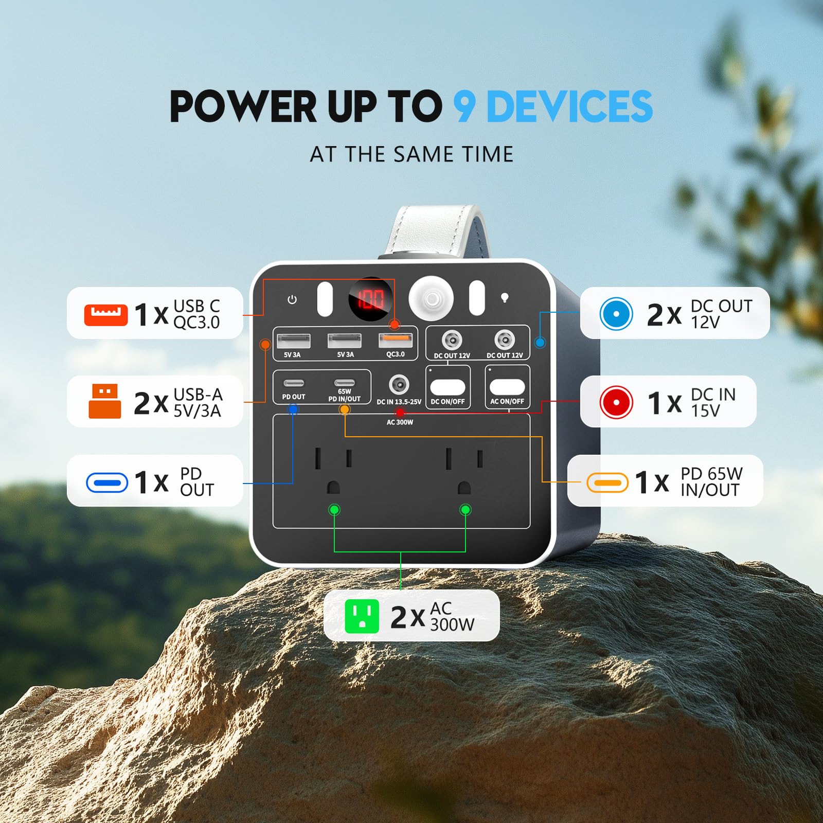 Powdeom 300W portable power station in use outdoors during camping scenario