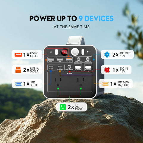 Powdeom 300W portable power station in use outdoors during camping scenario