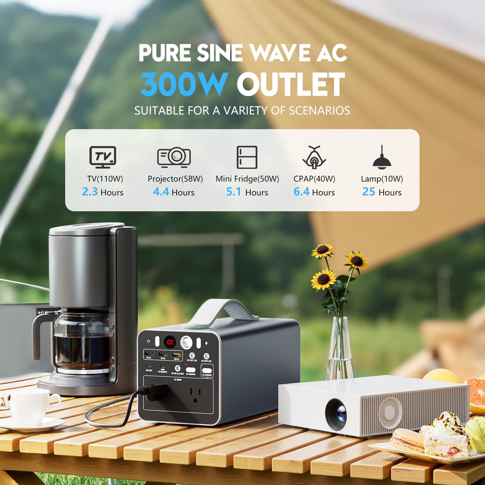 Powdeom 300W portable power station ports closeup with multiple outlets for simultaneous charging