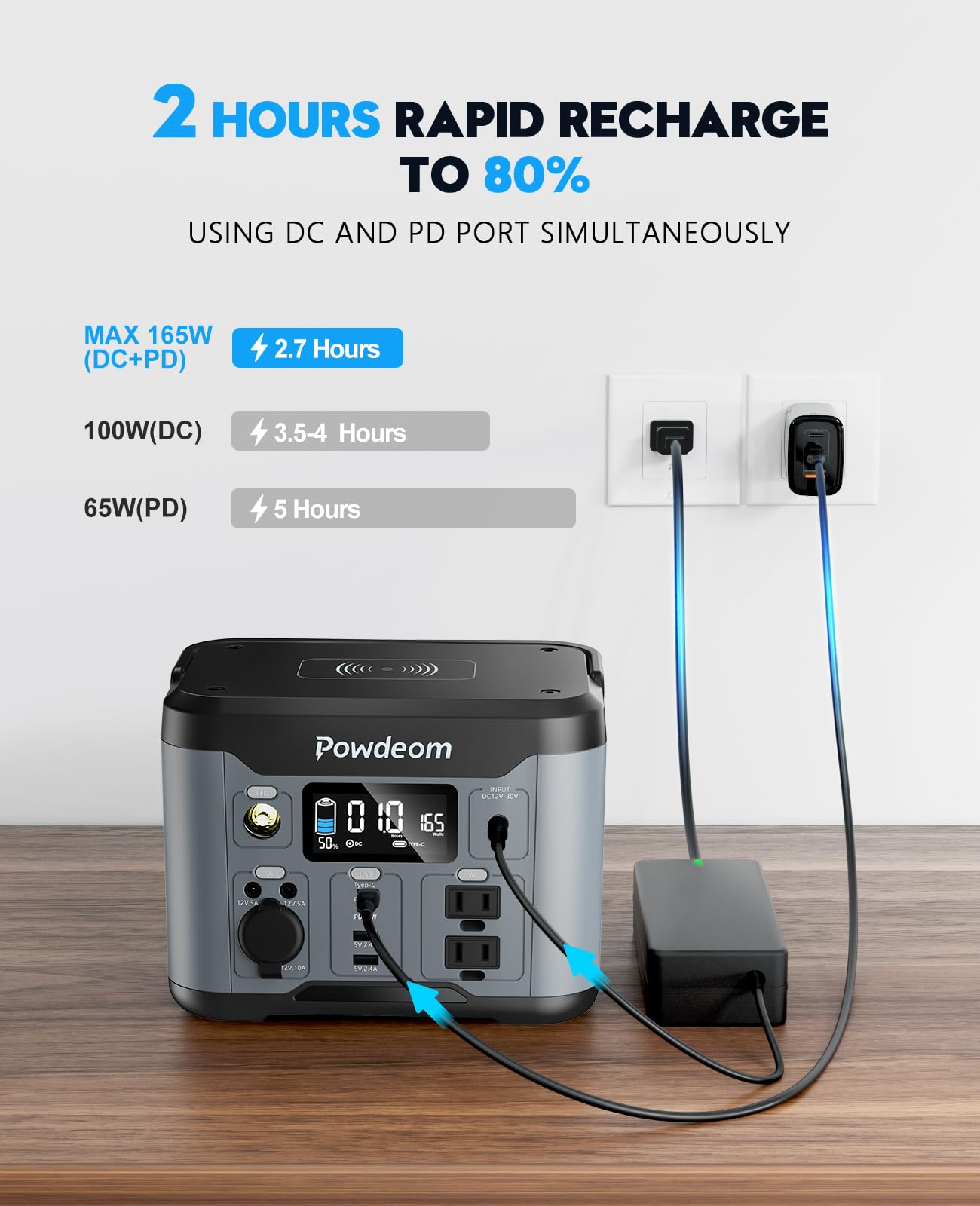 Powdeom EV300 AC outlets powering laptops outdoors.