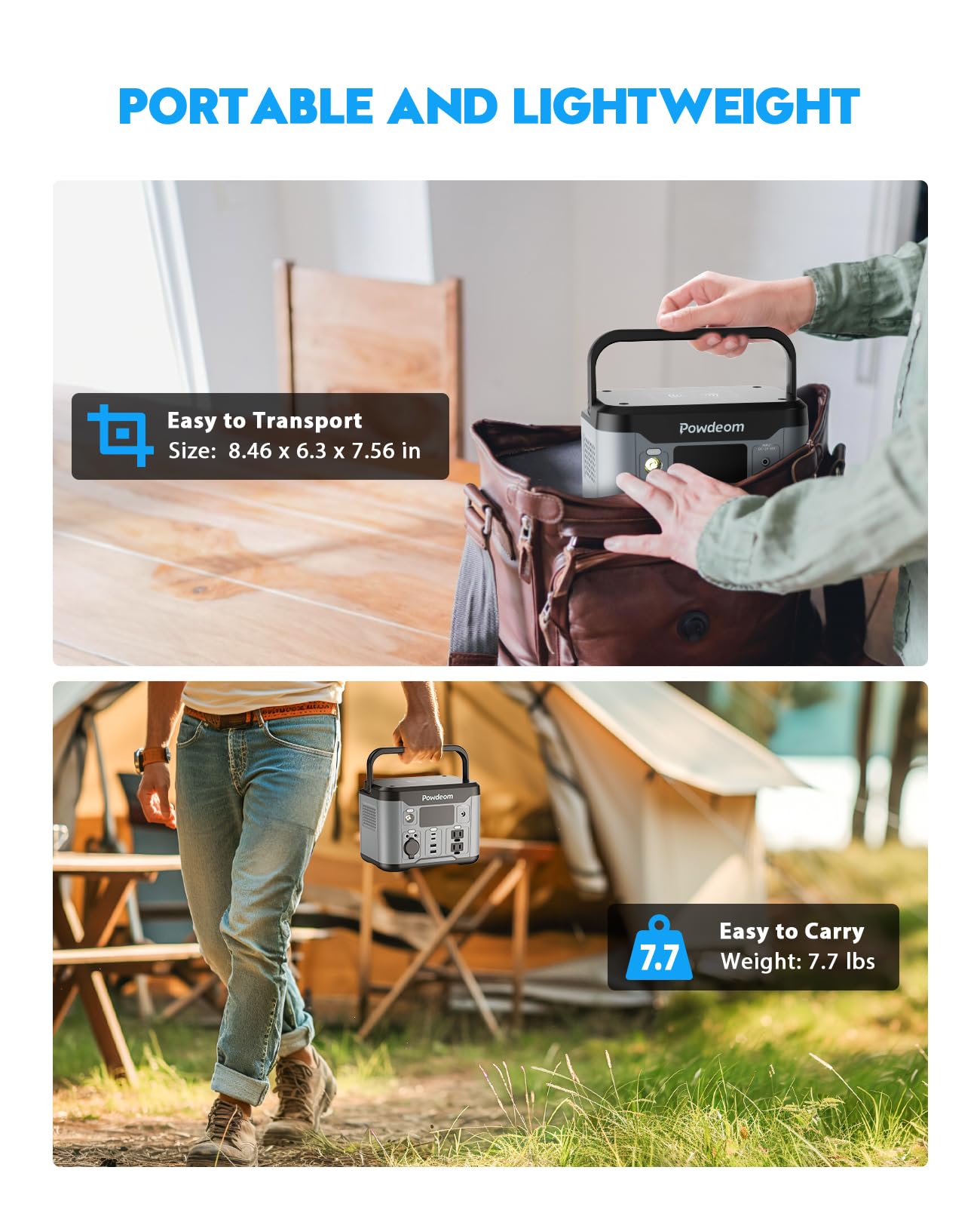 Powdeom EV300 camping setup powers multiple devices.
