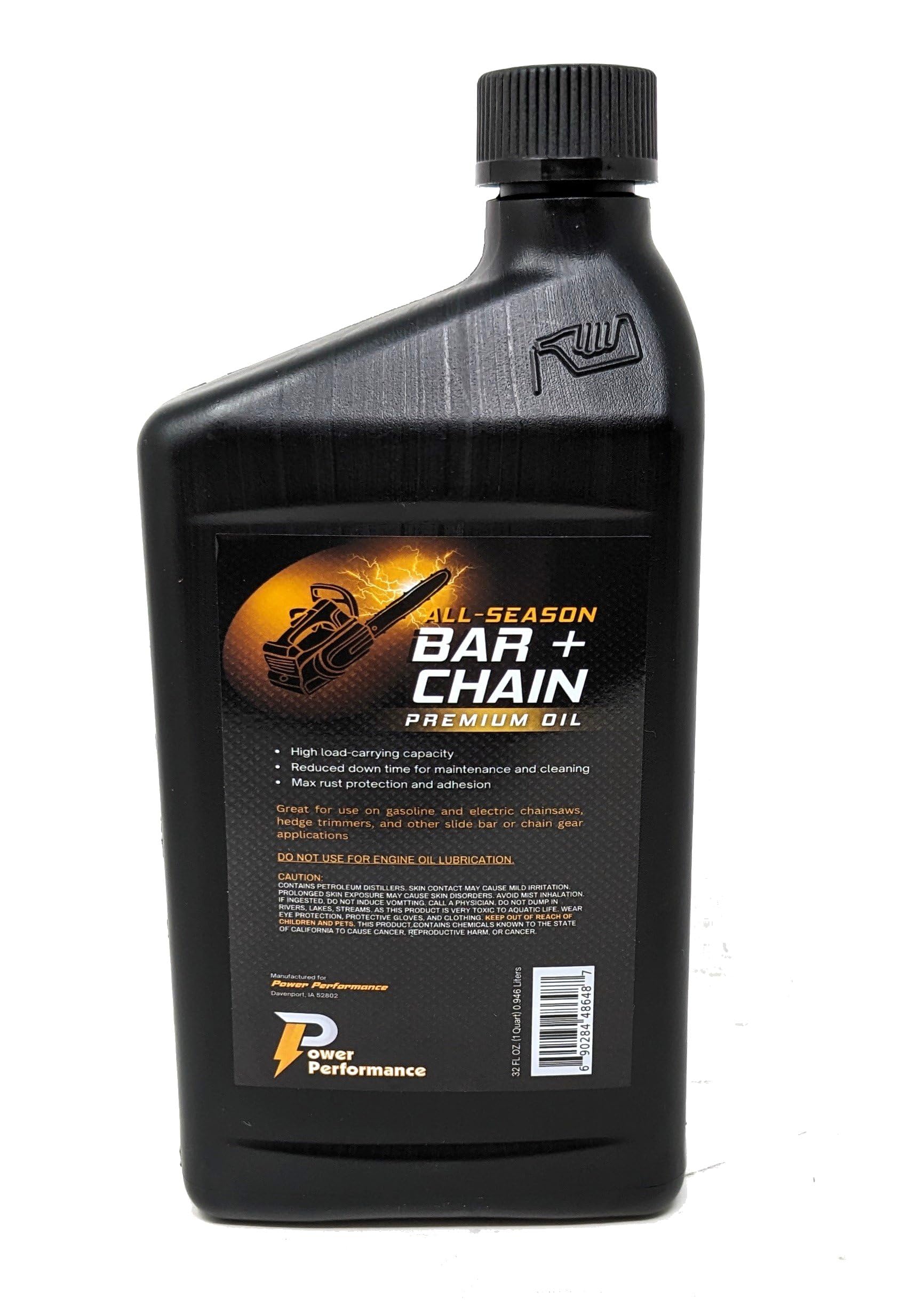 Power Performance bar and chain oil bottle used for chainsaw maintenance and longer tool life.