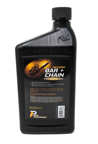 Power Performance bar and chain oil bottle used for chainsaw maintenance and longer tool life.