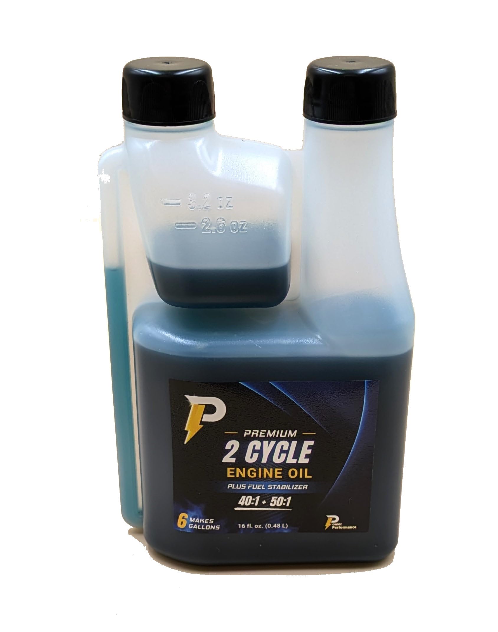 Power Performance Premium 2-Cycle Oil bottle with measuring marks for precise fuel mixes.