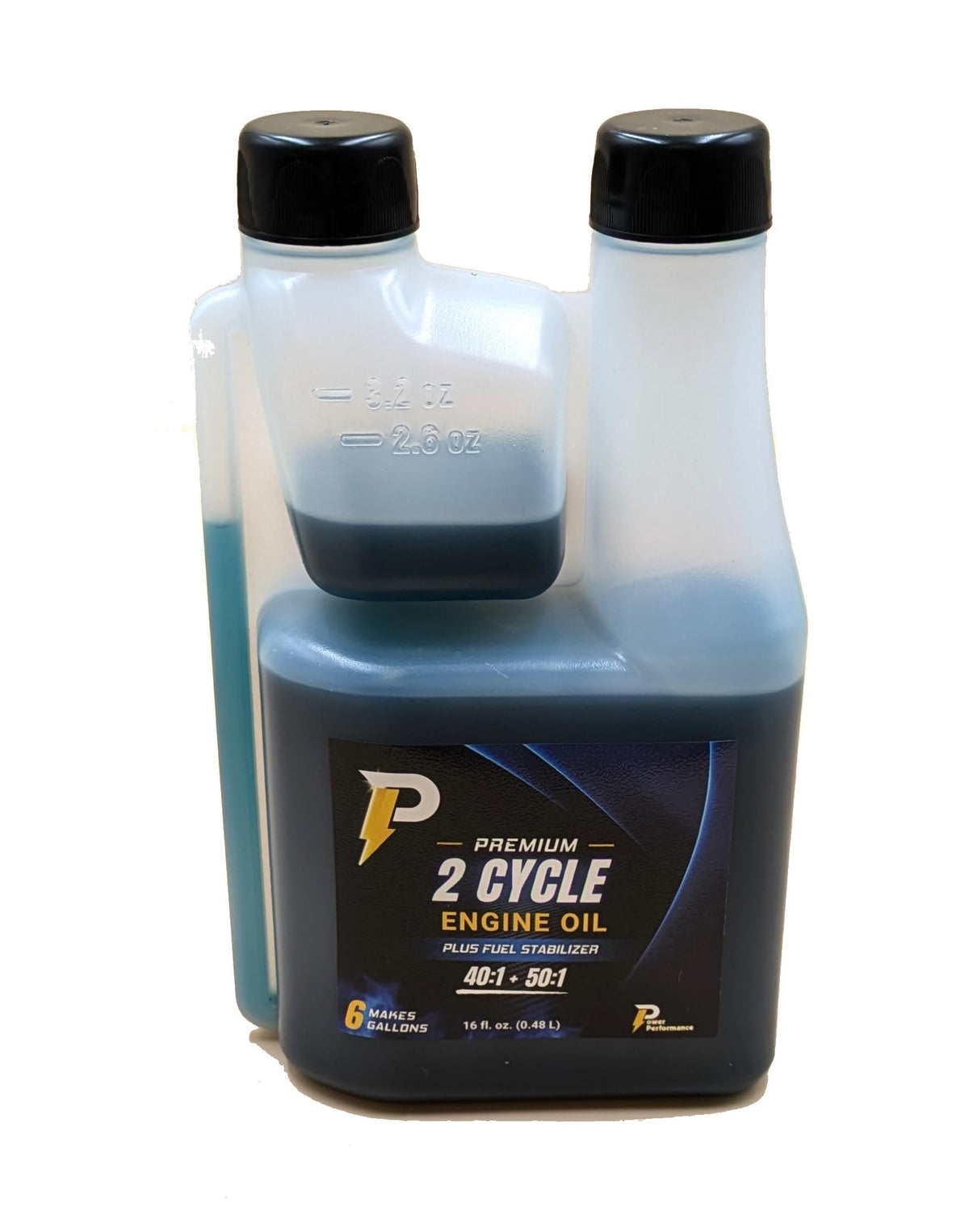 Power Performance Premium 2-Cycle Oil bottle with measuring marks for precise fuel mixes.