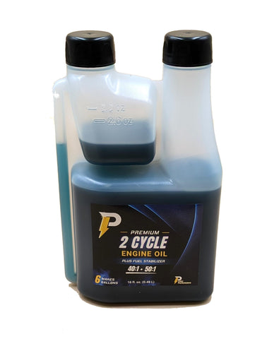 Power Performance Premium 2-Cycle Oil bottle with measuring marks for precise fuel mixes.
