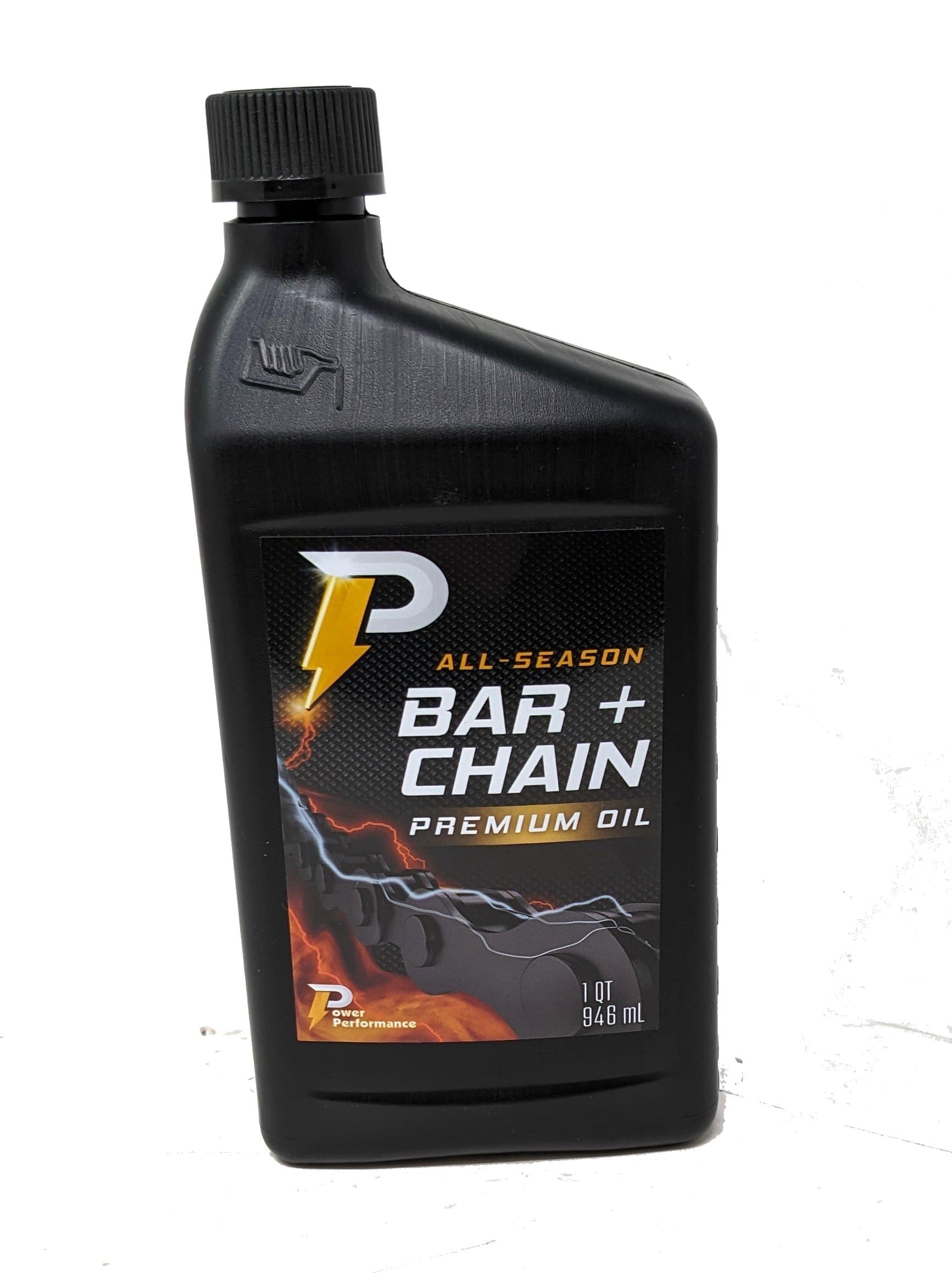 Power Performance premium all-season bar and chain oil bottle for smooth lubrication.