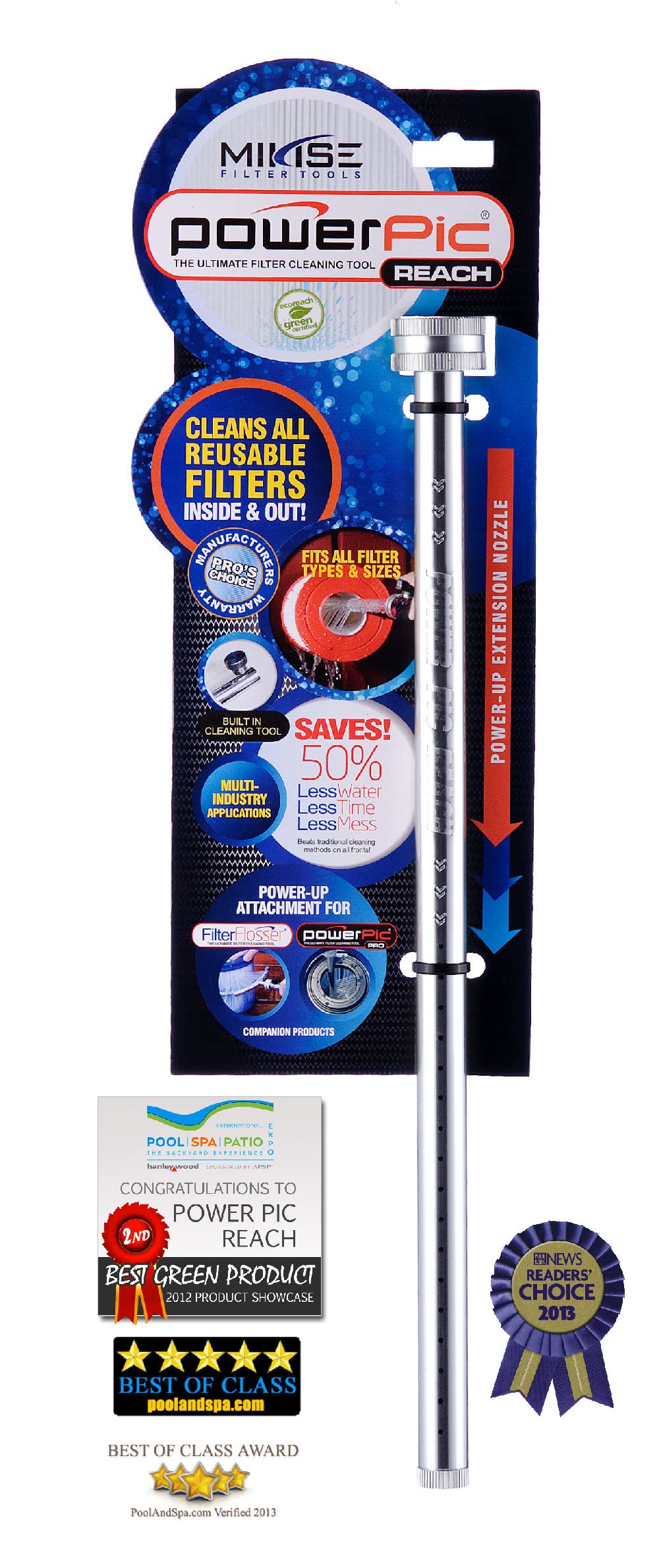 Power Pic Reach nozzle close-up shows durable 100% aluminum construction for filter cleaning.
