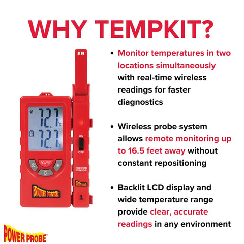 Power Probe TEMPKIT bright backlit LCD for easy reading in dim workshop environments.