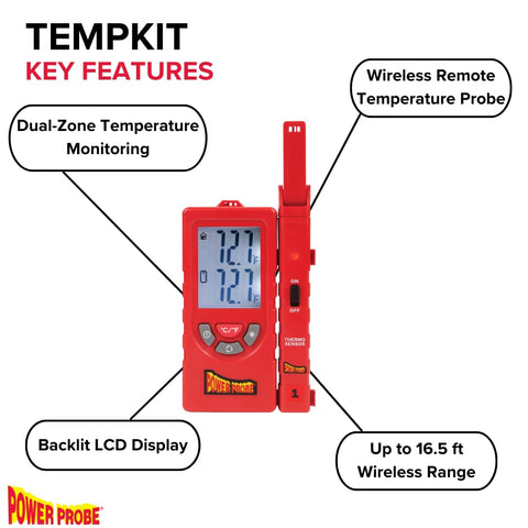 Power Probe TEMPKIT wireless remote sensor enables hands-free monitoring from a distance.