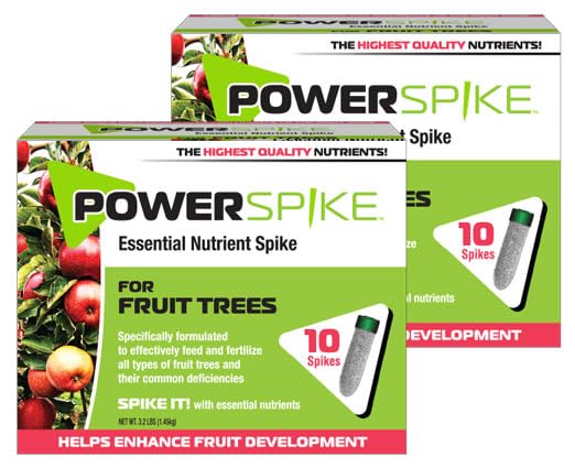Power Spike packaging shows a ready-to-use fruit tree solution for home orchards.