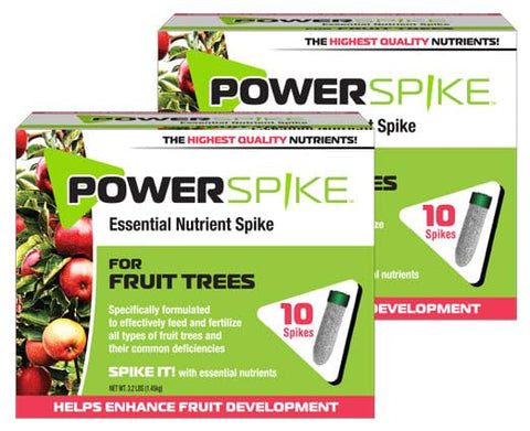 Power Spike packaging shows a ready-to-use fruit tree solution for home orchards.