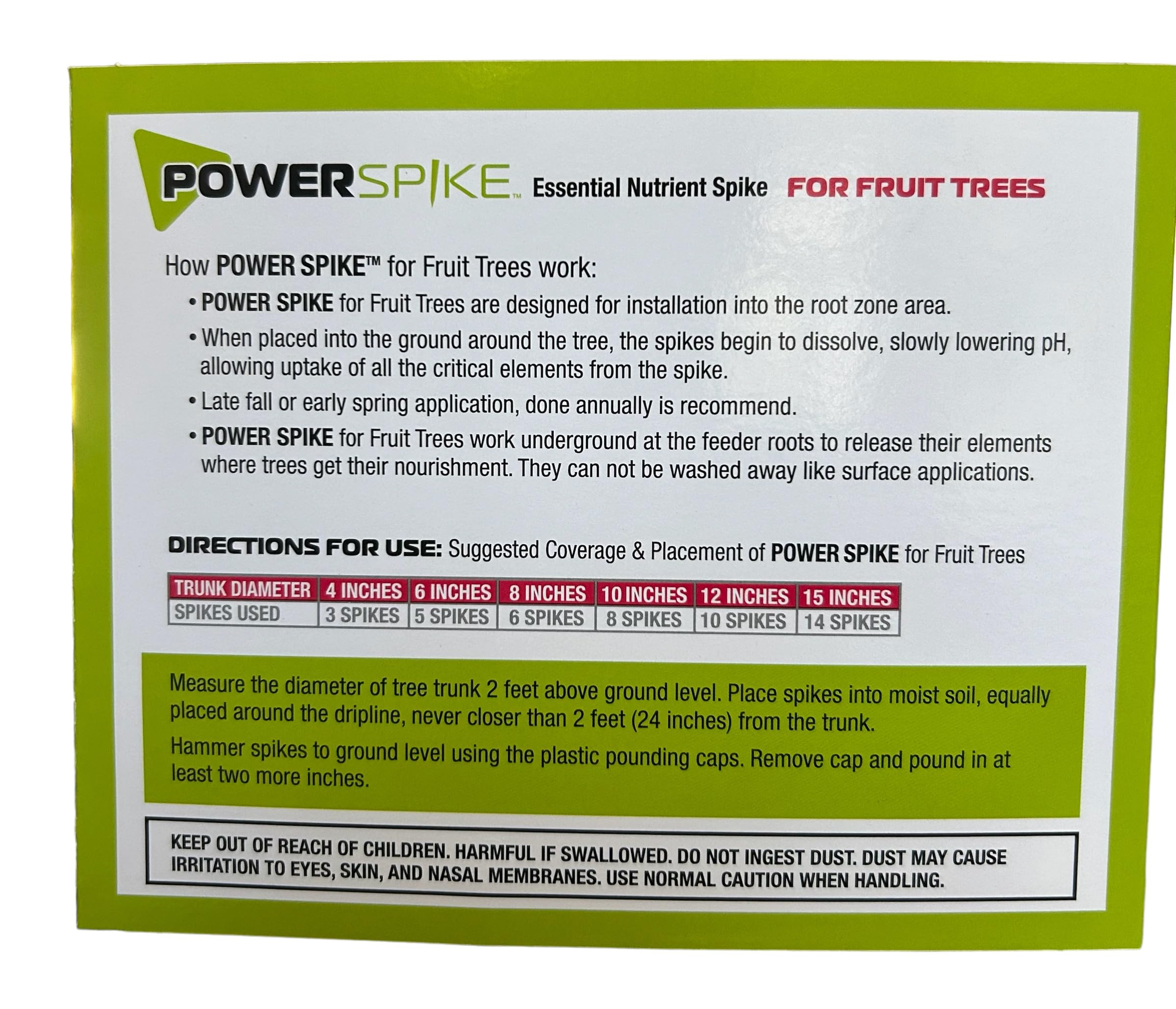 Power Spike one-spike-per-inch guidance across trunk diameter.
