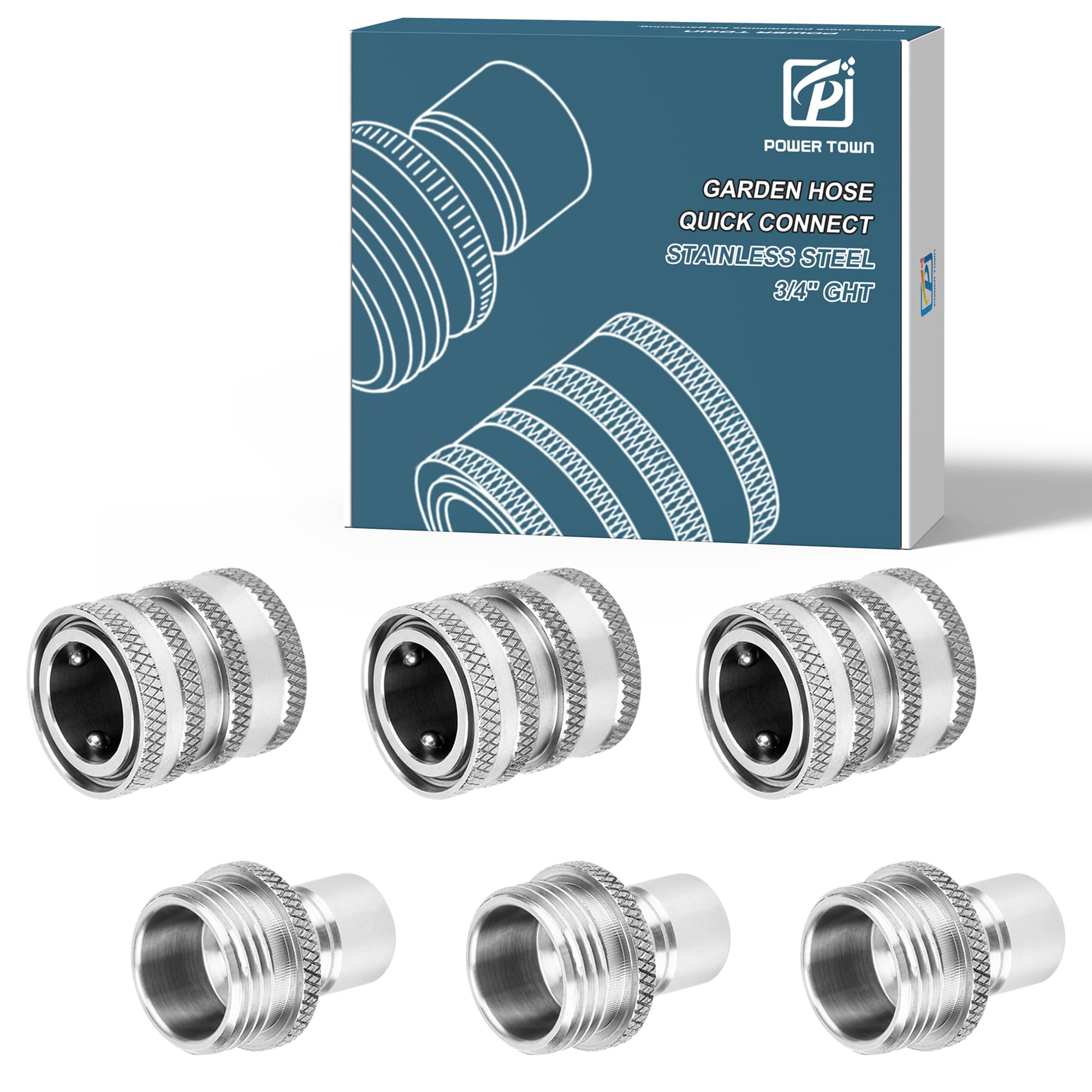 Power Town quick-connect hose fittings for fast, tool-free connections.