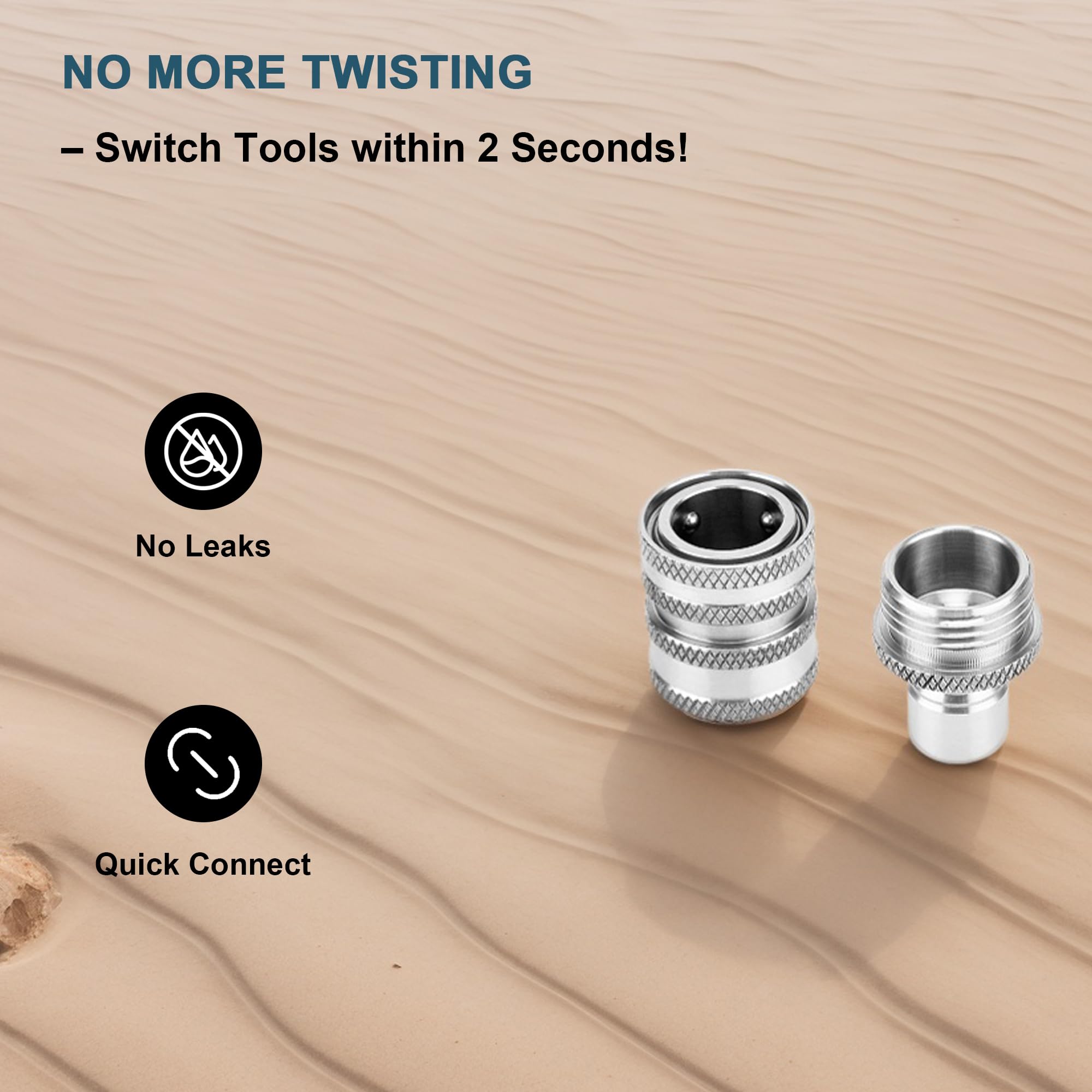 Power Town stainless steel quick-connect shown for durable, rust-proof performance outdoors.