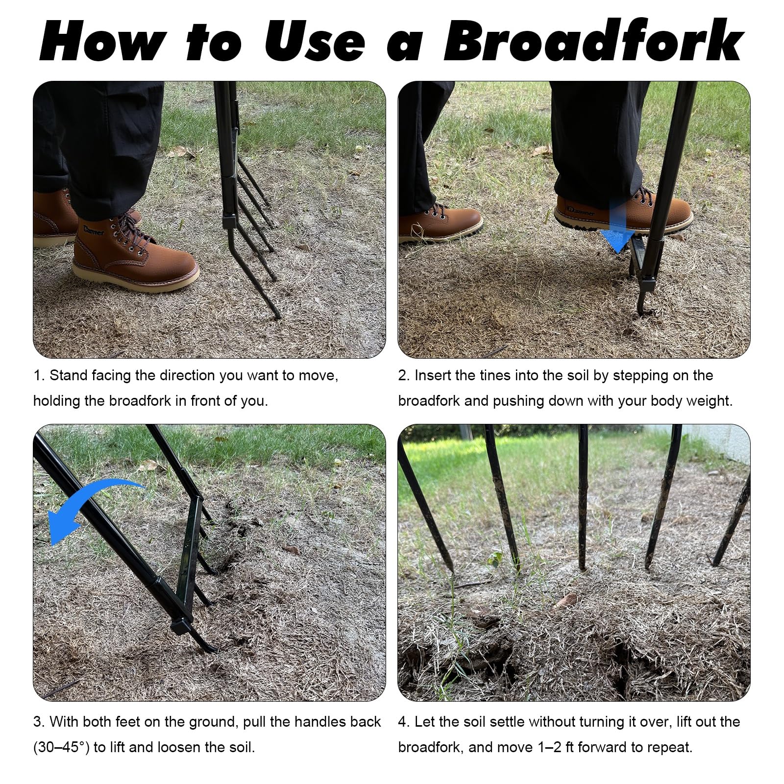 Powerber Broadfork in dense soil demonstrating aeration without disturbing layers