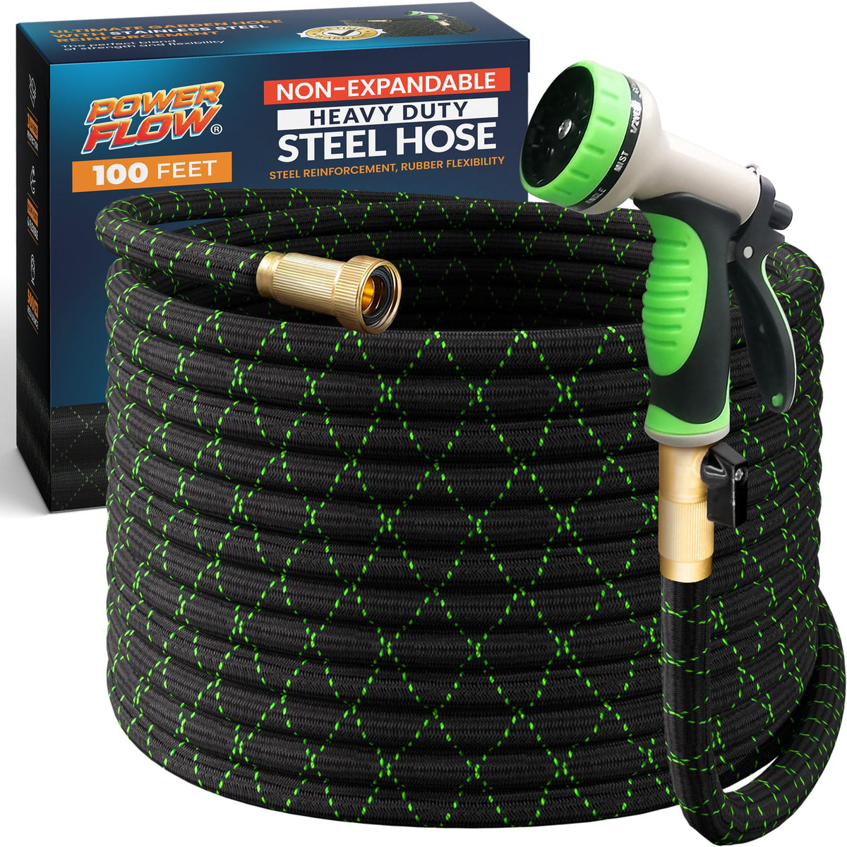 PowerFlow 100ft non-expandable hose in use for steady water reach