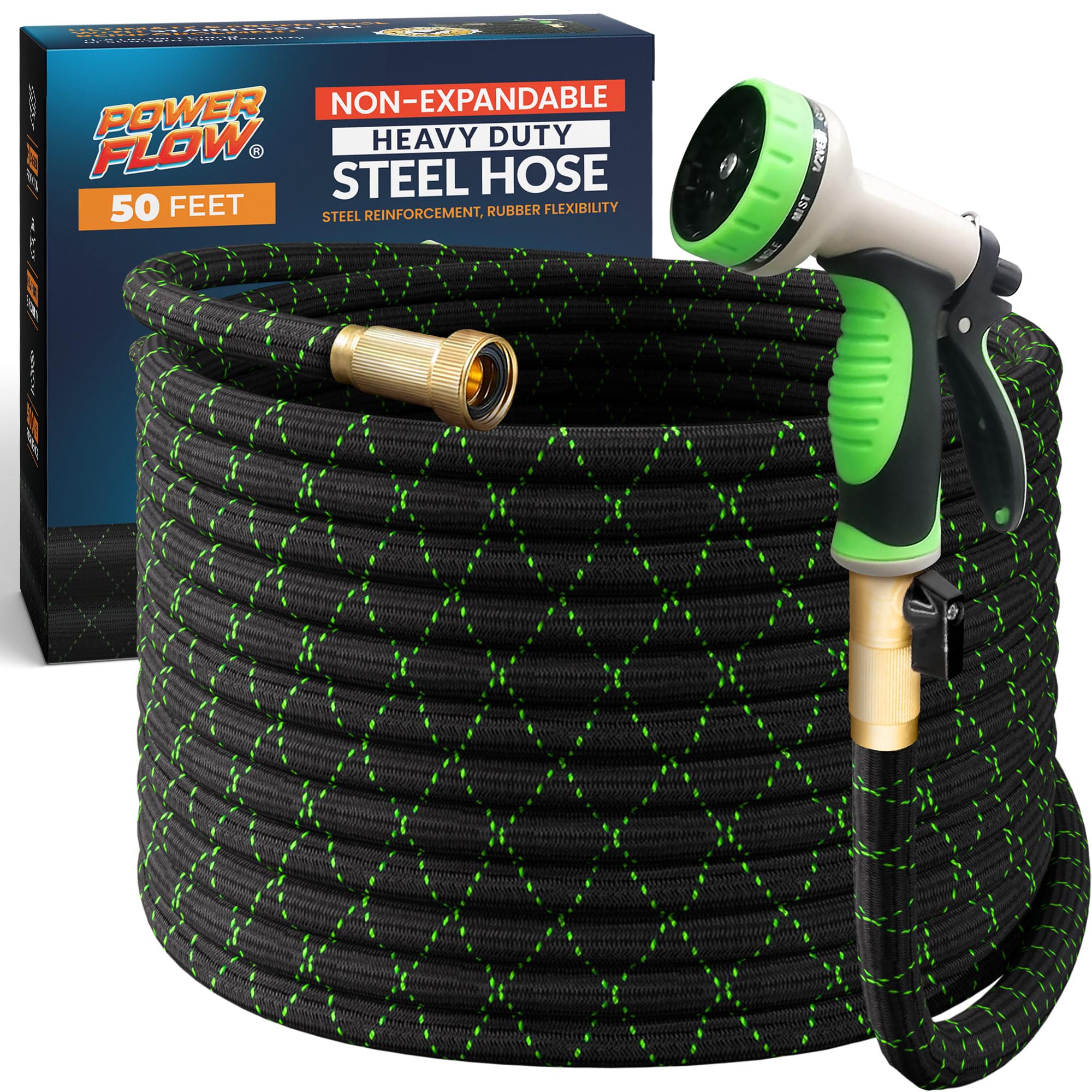 PowerFlow garden hose 50ft black, durable stainless steel core.