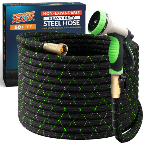 PowerFlow garden hose 50ft black, durable stainless steel core.