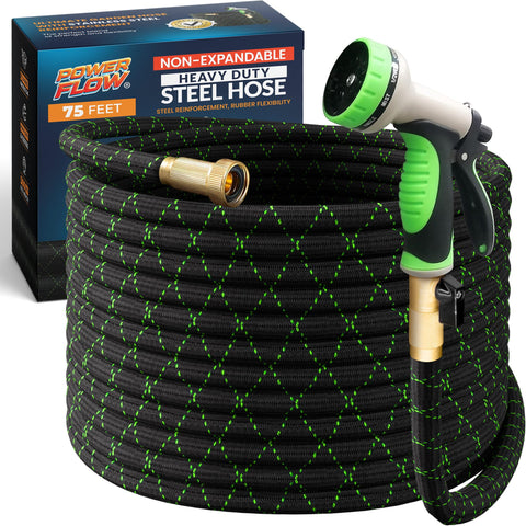PowerFlow garden hose 75ft with metal core for durable, kink-resistant watering.