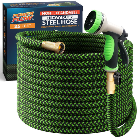 POWERFLOW garden hose with stainless-steel core for durable, leak-resistant watering.