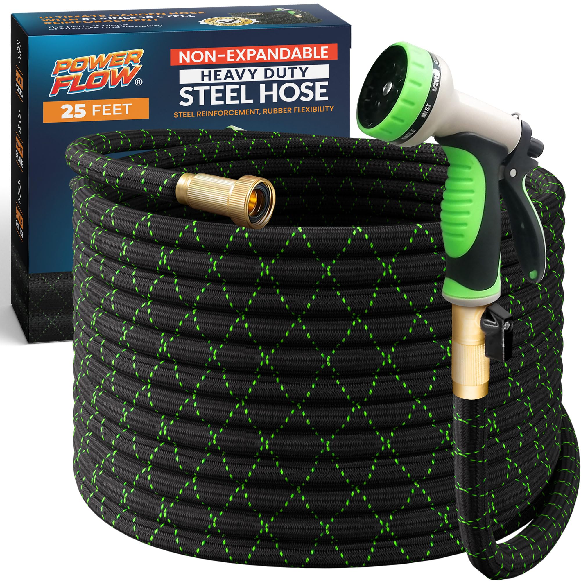 PowerFlow garden hose with a stainless steel core for durable outdoor use.