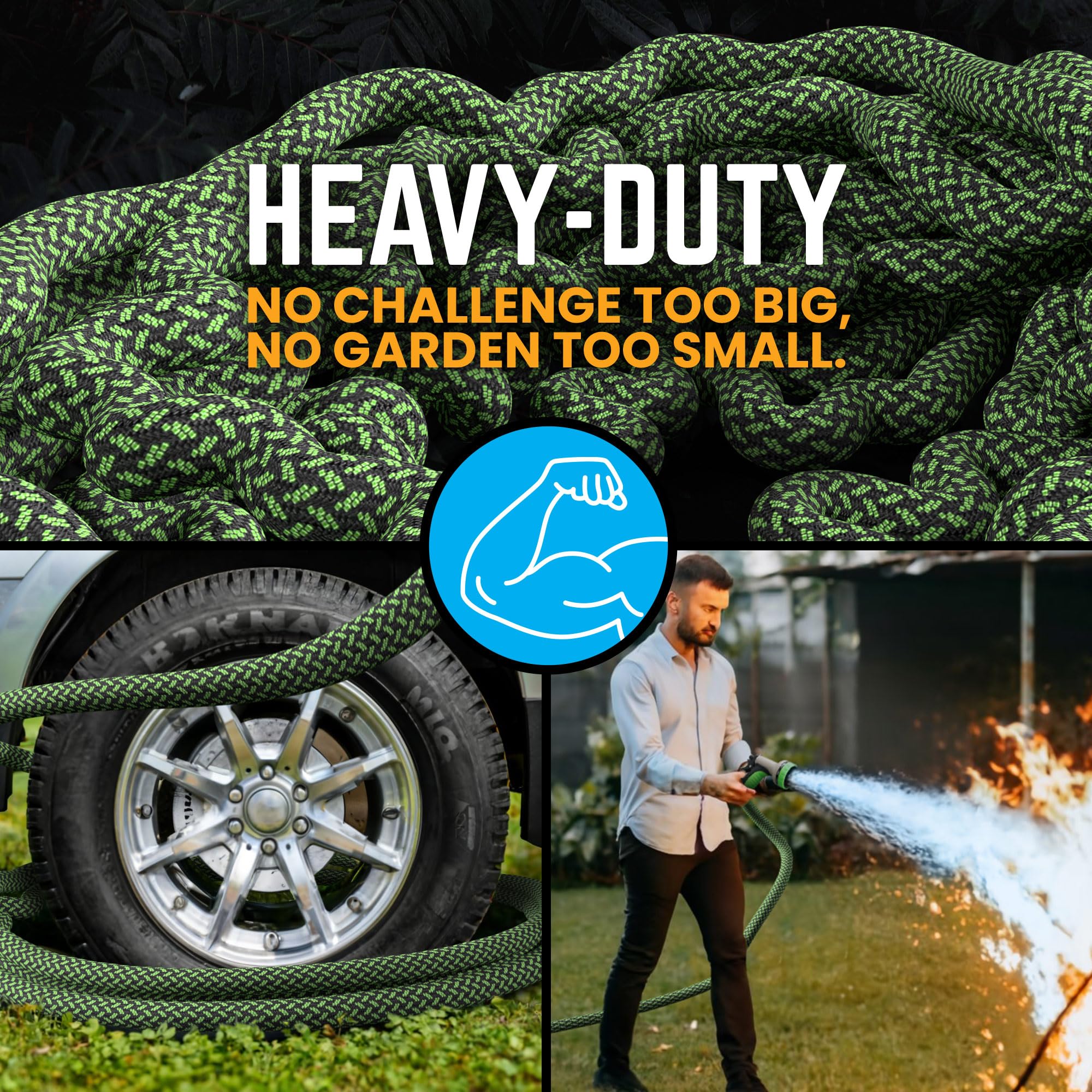 POWERFLOW hose highlighting non-expandable design for consistent reach.