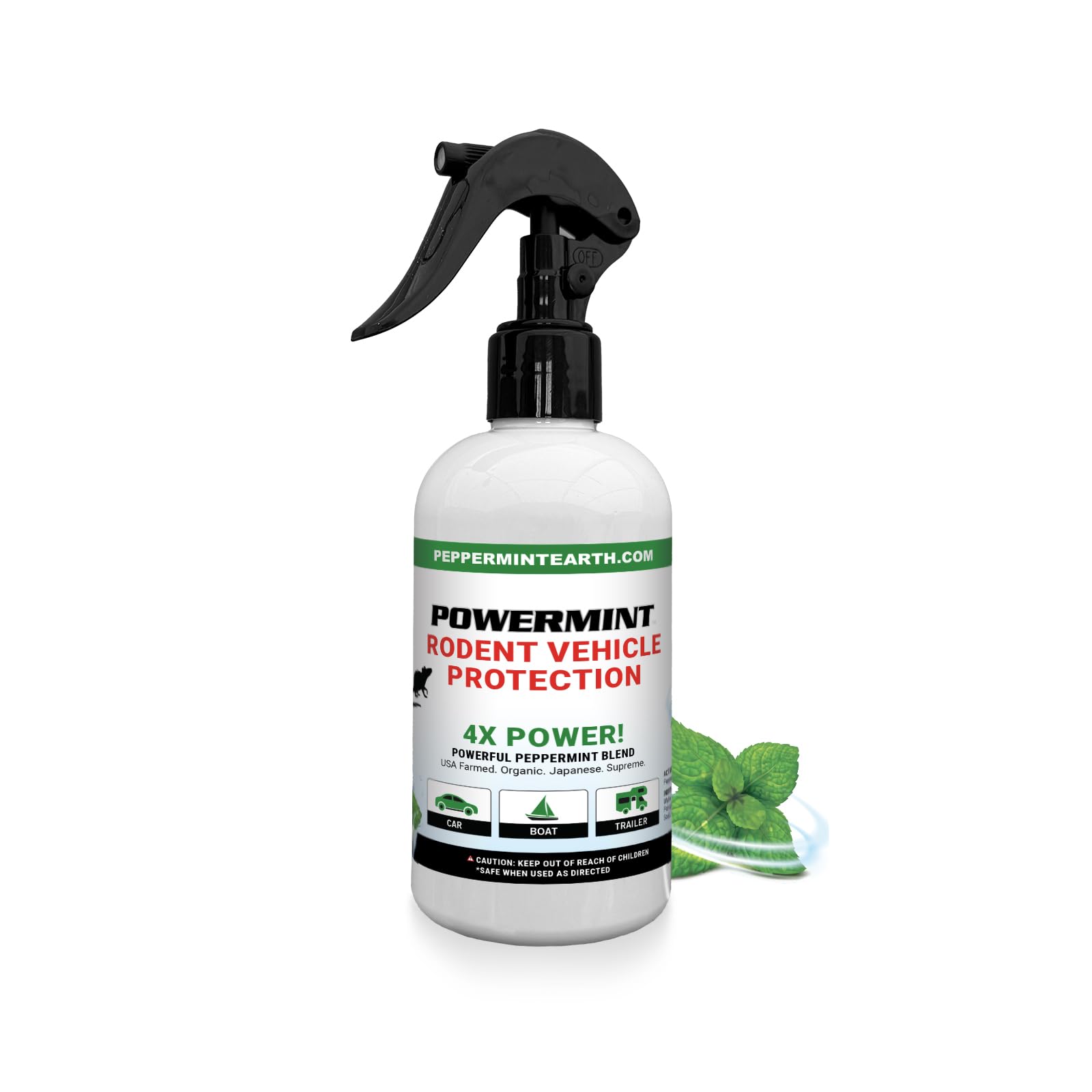 Powermint 8 oz interior spray deters rodents in vehicle cabins.