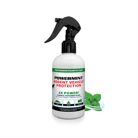 Powermint 8 oz interior spray deters rodents in vehicle cabins.